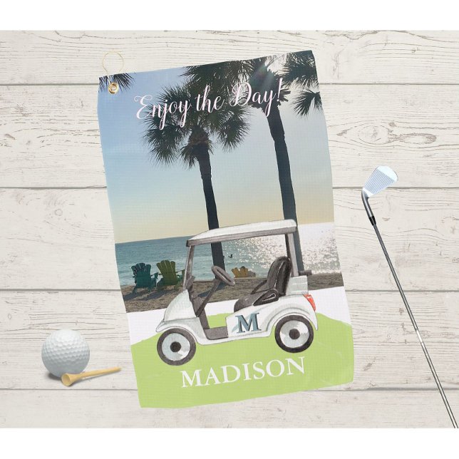 Fun Golf Cart Beach Monogram Name Golf Towel (Creator Uploaded)
