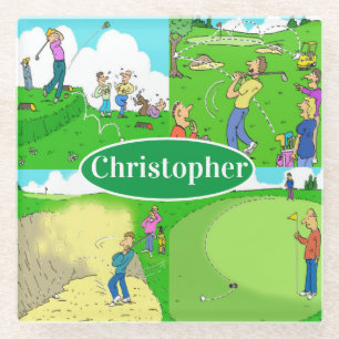 Fun Golf Cartoons with Your Name. Golfer Glass Coaster