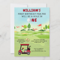 Fun Golf Red Cart Boy 1st Birthday Par-Tee Invitat