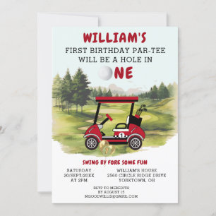 Fun Golf Red Cart Boy 1st Birthday Par-Tee  Invitation