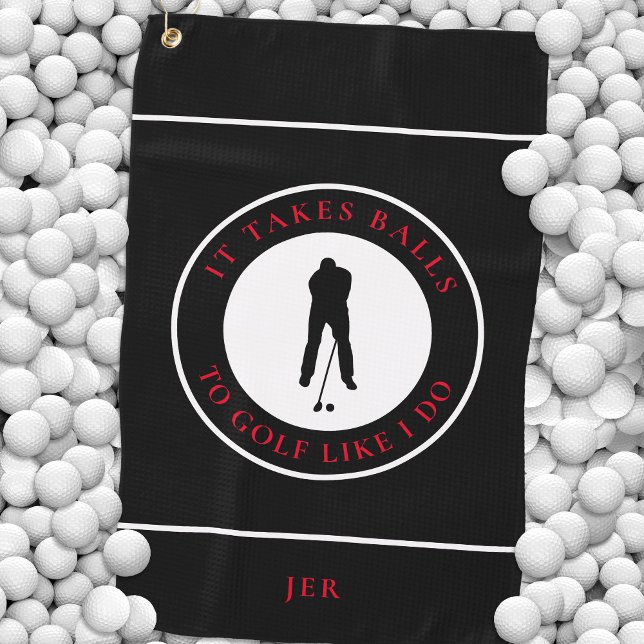 Fun Golfer Balls Humour Pun Modern Black & Red Golf Towel (Creator Uploaded)