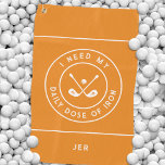 Fun Golfer Humour Golf Iron Sports Equipment Orang Golf Towel<br><div class="desc">Funny custom design features crossed golf irons with golf ball bordered with curved text "I NEED MY DAILY DOSE OF IRON!" in a fun modern white font accented with two white circular borders and two white stripes. You will also find a simple-to-use template for a monogrammed name, initials, or custom...</div>