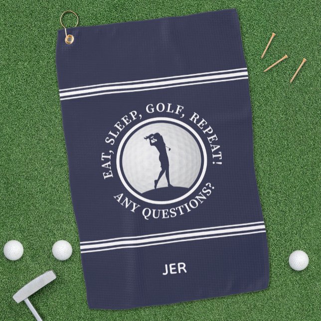 Fun Golfer Modern Monogram Sports Womens Blue Golf Towel (Creator Uploaded)