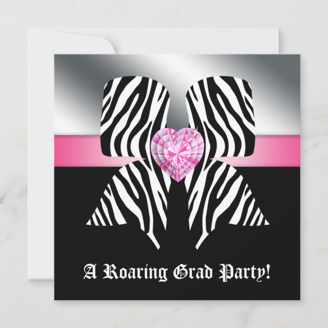 Fun Graduation Party Invite Zebra Bow Pink (Front)