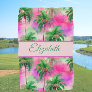Fun green and pink ladies tropical palm tree golf towel