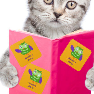 Fun Green And Purple Owl  Bookplate Sticker