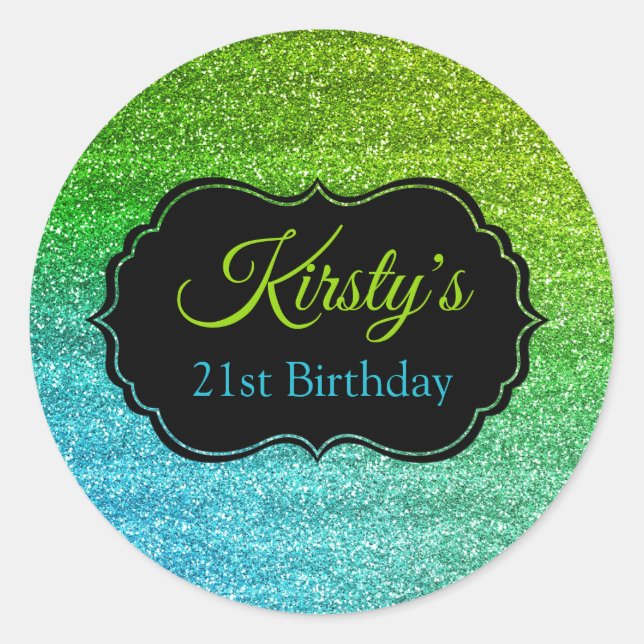 Fun Green Blue Glitter Sparkle Birthday Classic Round Sticker (Front)