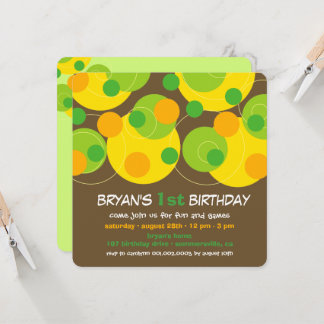 Fun Green Bubbly Dots Photo Boy 1st Birthday Party Invitation