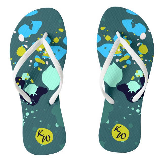 Fun Green Colourful Paint Splatter & Initials  Jandals (Footbed)