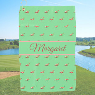 Fun green custom name ladies flamingo golf towel