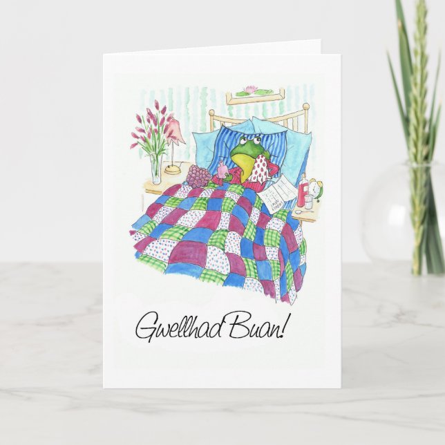 Fun Green Frog Get Well Card, Welsh Greeting Card (Front)