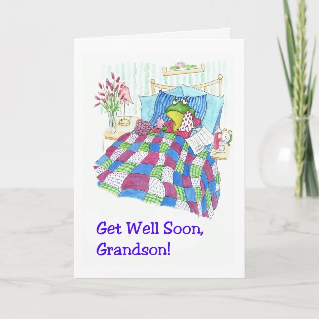 Fun Green Frog Get Well Soon for Grandson Card (Front)