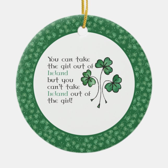 Fun Green Shamrocks Irish Girl Ceramic Ornament (Front)