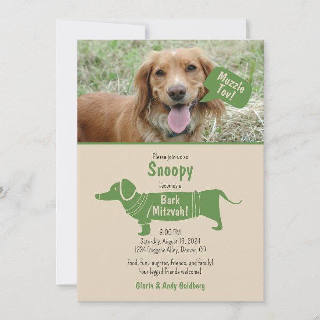 Fun Green Tan Pet Dog Muzzle Tov Bark Mitzvah Invitation (Front)