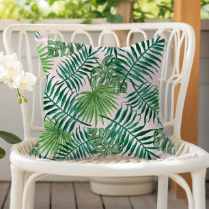 Fun Green Tropical Leaves on Pink Cushion
