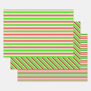 Fun Green, White, Red Christmas Inspired Lines Wrapping Paper Sheet