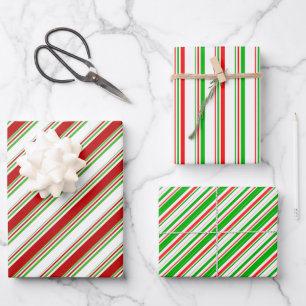 Fun Green, White, Red Christmas-Inspired Stripes Wrapping Paper Sheet
