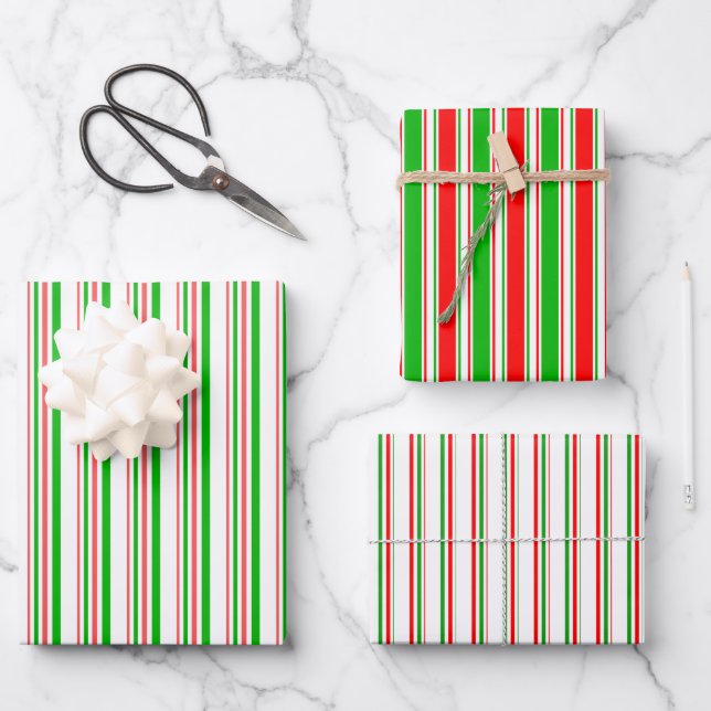 Fun Green, White, Red Christmas Themed Patterns Wrapping Paper Sheet (Front)