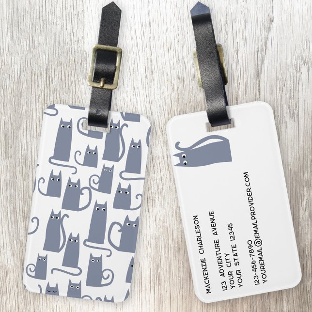 Fun Grey Cat Luggage Tag (Fun little gray cat pattern personalized luggage tag for animal lovers)