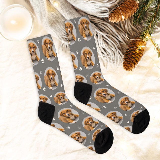 Fun Grey Custom Dog Photo Paw Print Socks (Creator Uploaded)