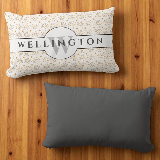 Fun Grey Monogram Name  Hand Drawn Sun Lumbar Cushion (front and back monogram template lumbar pillow)