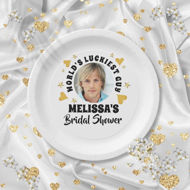 Fun Grooms Face Photo Gold Hearts Bridal Shower Paper Plate (Fun Grooms Face Photo Gold Hearts Bridal Shower Paper Plates)