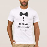 Fun Groomsman Black Tie Wedding T-shirt<br><div class="desc">These fun t-shirts are designed as favors or gifts for wedding groomsmen. The t-shirt is white and features an image of a black bow tie and three buttons. The text reads Groomsman, and has a place to enter the groomsman's name as well as the wedding couple's name and wedding date....</div>