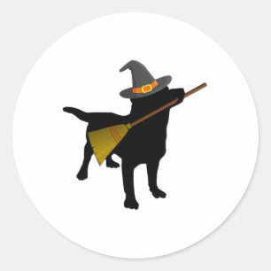 Fun Halloween Black Lab Dog Cute Witch Hat Broom Classic Round Sticker