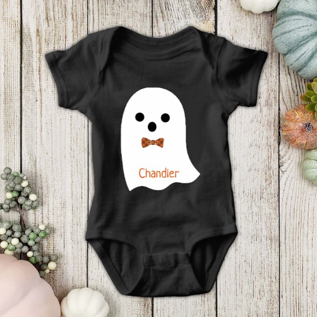 Fun Halloween Boy Ghost Plaid Bow Baby Name Baby Bodysuit (Creator Uploaded)