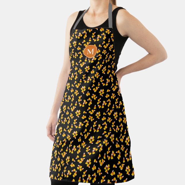 fun Halloween candy corn pattern monogrammed Apron (Insitu)