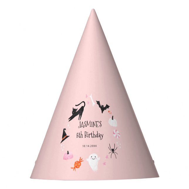 Fun Halloween Creature Pink Birthday Party Hat (Front)