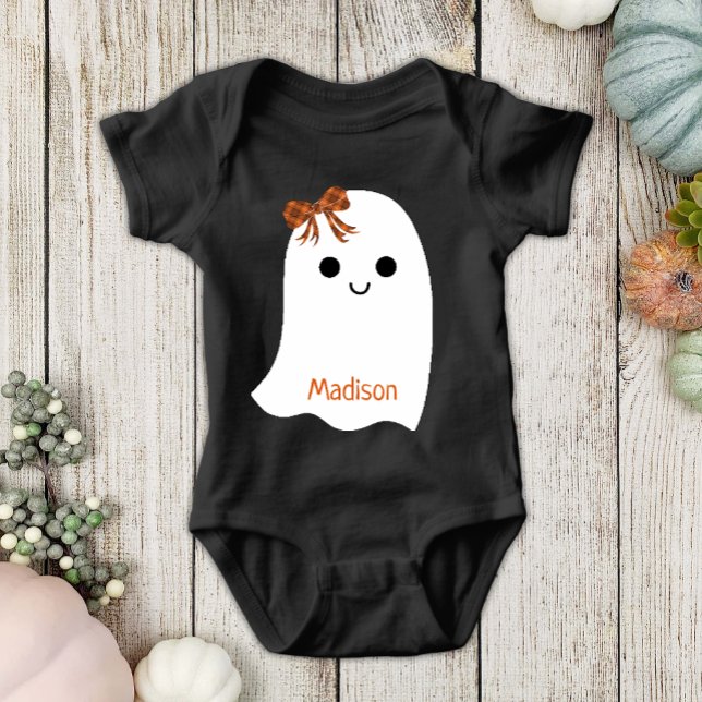 Fun Halloween Girl Ghost Plaid Bow Baby Name Baby Bodysuit (Creator Uploaded)