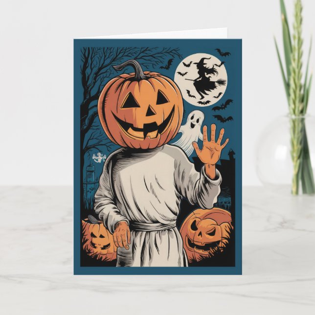 Fun Halloween Hello Vintage Pumpkin Head Holiday Card (Front)