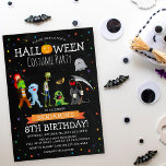 Fun Halloween Kids Costume Birthday Party Invitation<br><div class="desc">A birthday invitation for those born in October - a Halloween Costume Party! Featuring a rustic chalkboard background, colourful star confetti, cartoon fancy dress costume characters, pumpkins ghosts, monsters etc and a fun modern birthday party template that is easy to customise. If you want to change text font or colour...</div>