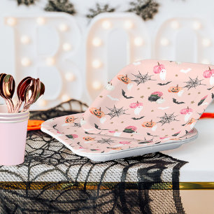 Fun Halloween Pink & Orange Pumpkin Spider Web Bat Paper Plate