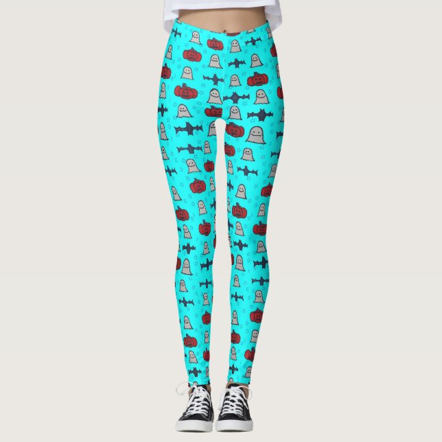 Fun Halloween Print on Blue  Leggings (Front)