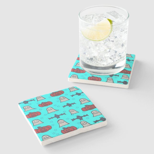 Fun Halloween Print on Blue  Stone Coaster (Side)