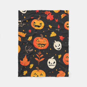 Fun Halloween Pumpkin and Leaves Print Fleece Blanket