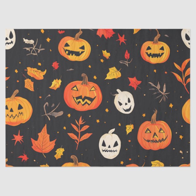 Fun Halloween Pumpkin and Leaves Print Tissue Paper (Front)