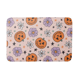 Fun Halloween Pumpkins and Flowers Pattern Bath Mat