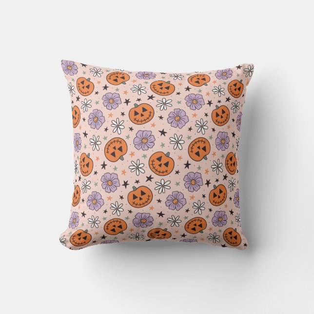 Fun Halloween Pumpkins and Flowers Pattern Cushion (Front)