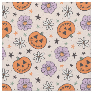 Fun Halloween Pumpkins and Flowers Pattern Fabric