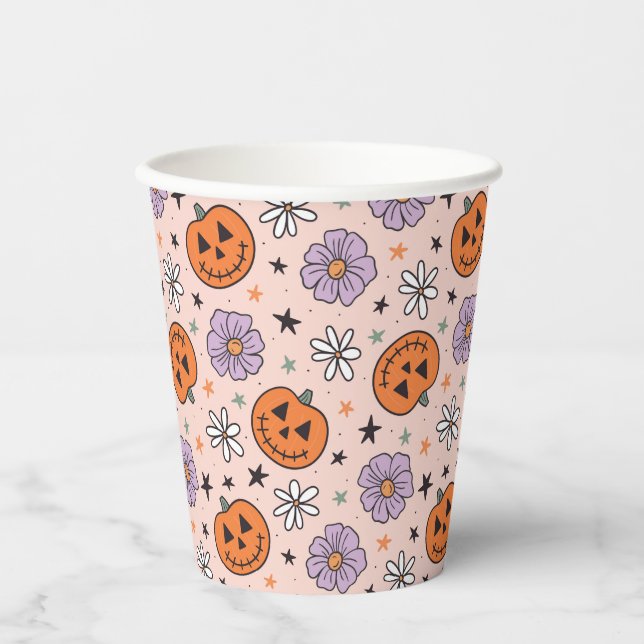 Fun Halloween Pumpkins and Flowers Pattern Paper Cups (Front)