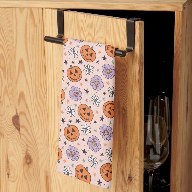 Fun Halloween Pumpkins and Flowers Pattern Tea Towel (Thirds Fold)