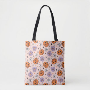 Fun Halloween Pumpkins and Flowers Pattern Tote Bag