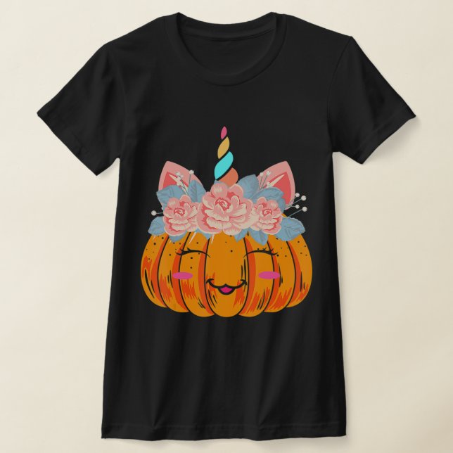 Fun Halloween Thanksgiving Cute Unicorn Pumpkin Co T-Shirt (Laydown)