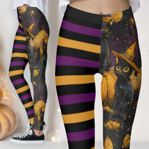Fun Halloween Witch Cat Purple Striped Pumpkin Leggings