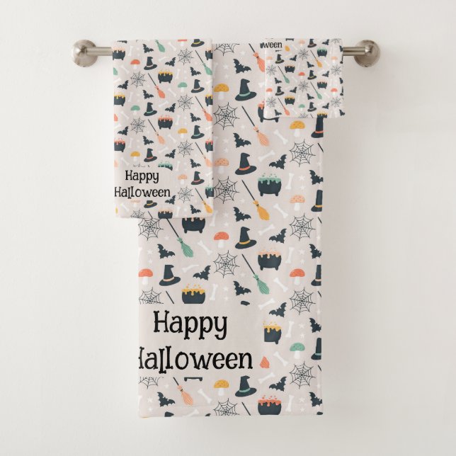 Fun Halloween Witch Motif Pattern Bath Towel Set (Insitu)