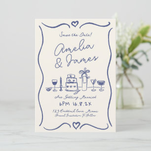Fun Hand Drawn Quirky blue Save the date wedding Invitation