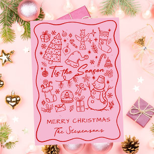 Fun Hand Drawn Red on Pink Folded Photo Christmas Holiday Card
